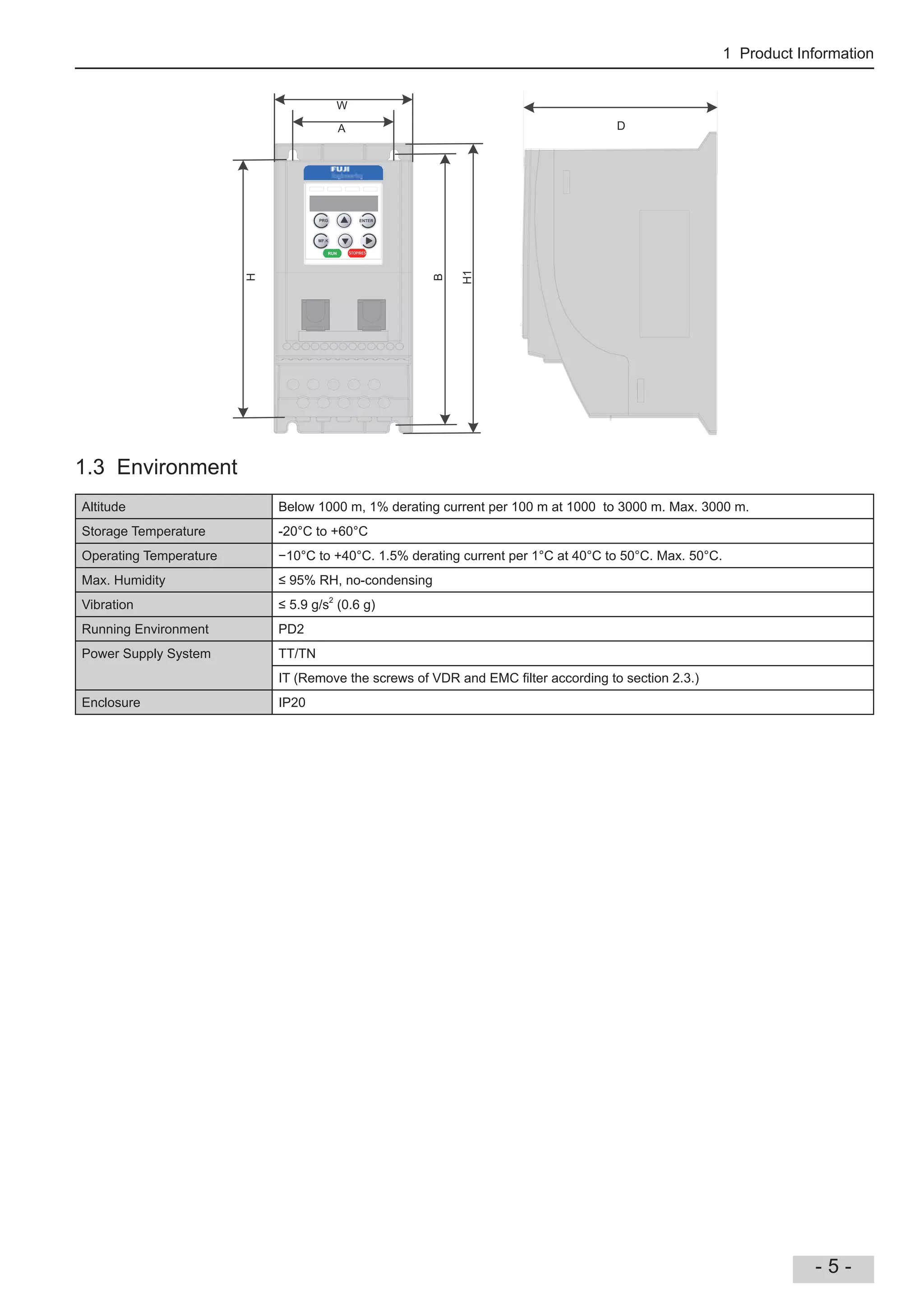 1 Product Information
- 5 -
H
H1
W
A
B
PRG
MF.K
ENTER
RUN STOP/RES
D
1.3 Environment
Altitude Below 1000 m, 1% derating current per 100 m at 1000 to 3000 m. Max. 3000 m.
Storage Temperature -20°C to +60°C
Operating Temperature 10°C to +40°C. 1.5% derating current per 1°C at 40°C to 50°C. Max. 50°C.
Max. Humidity 95% RH, no-condensing
Vibration 5.9 g/s2
(0.6 g)
Running Environment PD2
Power Supply System TT/TN
IT (Remove the screws of VDR and EMC lter according to section 2.3.)
Enclosure IP20
 