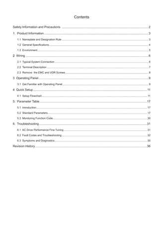 Contents
Safety Information and Precautions .......................................................................................................2
1. Product Information ............................................................................................................................3
1.1 Nameplate and Designation Rule......................................................................................................................3
1.2 eneral Speci cations.......................................................................................................................................4
1.3 Environment.......................................................................................................................................................5
2 Wiring ..................................................................................................................................................6
2.1 Typical System Connection ...............................................................................................................................6
2.2 Terminal Description ..........................................................................................................................................7
2.3 Remove the EMC and VDR Screws.................................................................................................................8
3 Operating Panel...................................................................................................................................9
3.1 Get Familiar with Operating Panel.....................................................................................................................9
4 Quick Setup.......................................................................................................................................11
4.1 Setup Flowchart............................................................................................................................................... 11
5. Parameter Table ...............................................................................................................................17
5.1 Introduction......................................................................................................................................................17
5.2 Standard Parameters.......................................................................................................................................17
5.3 Monitoring Function Code................................................................................................................................30
6. Troubleshooting................................................................................................................................31
6.1 AC Drive Performance Fine Tuning .................................................................................................................31
6.2 Fault Codes and Troubleshooting....................................................................................................................32
6.3 Symptoms and Diagnostics .............................................................................................................................35
Revision History.....................................................................................................................................36
 