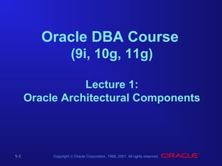 Oracle DBA Course
(9i, 10g, 11g)
Lecture 1:
Oracle Architectural Components

1-1

Copyright © Oracle Corporation, 1998, 2001. All rights reserved.

 