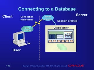 Connecting to a Database
Client

Connection
established

User
process

Server
process

Server
Session created
Oracle server

User

1-10

Copyright © Oracle Corporation, 1998, 2001. All rights reserved.

 
