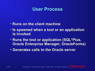User Process
• Runs on the client machine
• Is spawned when a tool or an application
is invoked
• Runs the tool or application (SQL*Plus,
Oracle Enterprise Manager, OracleForms)
• Generates calls to the Oracle server

1-11

Copyright © Oracle Corporation, 1998, 2001. All rights reserved.

 