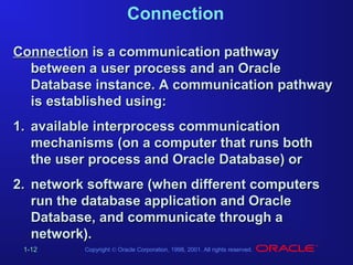 Connection
Connection is a communication pathway
between a user process and an Oracle
Database instance. A communication pathway
is established using:
1. available interprocess communication
mechanisms (on a computer that runs both
the user process and Oracle Database) or
2. network software (when different computers
run the database application and Oracle
Database, and communicate through a
network).
1-12

Copyright © Oracle Corporation, 1998, 2001. All rights reserved.

 