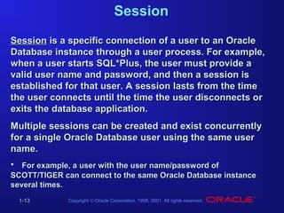 Session
Session is a specific connection of a user to an Oracle
Database instance through a user process. For example,
when a user starts SQL*Plus, the user must provide a
valid user name and password, and then a session is
established for that user. A session lasts from the time
the user connects until the time the user disconnects or
exits the database application.
Multiple sessions can be created and exist concurrently
for a single Oracle Database user using the same user
name.
• For example, a user with the user name/password of
SCOTT/TIGER can connect to the same Oracle Database instance
several times.
1-13

Copyright © Oracle Corporation, 1998, 2001. All rights reserved.

 