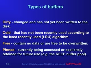 Types of buffers
Dirty - changed and has not yet been written to the
disk.
Cold - that has not been recently used according to
the least recently used (LRU) algorithm.
Free - contain no data or are free to be overwritten.
Pinned - currently being accessed or explicitely
retained for future use (e.g. the KEEP buffer pool).
1-31

Copyright © Oracle Corporation, 1998, 2001. All rights reserved.

 