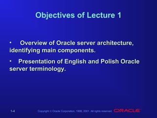 Objectives of Lecture 1
• Overview of Oracle server architecture,
identifying main components.
• Presentation of English and Polish Oracle
server terminology.

1-4

Copyright © Oracle Corporation, 1998, 2001. All rights reserved.

 