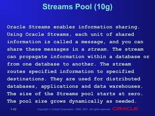 Streams Pool (10g)
Oracle Streams enables information sharing.
Using Oracle Streams, each unit of shared
information is called a message, and you can
share these messages in a stream. The stream
can propagate information within a database or
from one database to another. The stream
routes specified information to specified
destinations. They are used for distributed
databases, applications and data warehouses.
The size of the Streams pool starts at zero.
The pool size grows dynamically as needed.
1-42

Copyright © Oracle Corporation, 1998, 2001. All rights reserved.

 