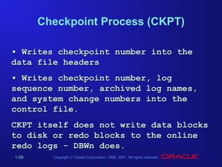 Checkpoint Process (CKPT)
• Writes checkpoint number into the
data file headers
• Writes checkpoint number, log
sequence number, archived log names,
and system change numbers into the
control file.
CKPT itself does not write data blocks
to disk or redo blocks to the online
redo logs - DBWn does.
1-59

Copyright © Oracle Corporation, 1998, 2001. All rights reserved.

 