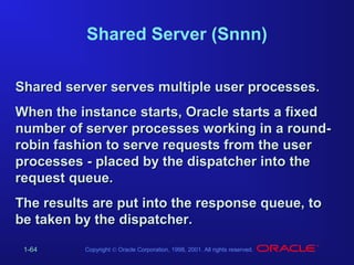 Shared Server (Snnn)
Shared server serves multiple user processes.
When the instance starts, Oracle starts a fixed
number of server processes working in a roundrobin fashion to serve requests from the user
processes - placed by the dispatcher into the
request queue.
The results are put into the response queue, to
be taken by the dispatcher.
1-64

Copyright © Oracle Corporation, 1998, 2001. All rights reserved.

 