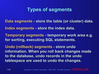 Types of segments
Data segments - store the table (or cluster) data.
Index segments - store the index data.
Temporary segments - temporary work area e.g.
for sorting, executing SQL statements.
Undo (rollback) segments - store undo
information. When you roll back changes made
to the database, undo records in the undo
tablespace are used to undo the changes.
1-68

Copyright © Oracle Corporation, 1998, 2001. All rights reserved.

 