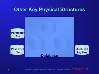 Other Key Physical Structures

Parameter
file

Password
file

1-9

Database

Copyright © Oracle Corporation, 1998, 2001. All rights reserved.

Archived
log files

 