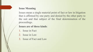 Issue Meaning
Issues mean a single material point of fact or law in litigation
that is affirmed by one party and denied by the other party to
the suit and that subject of the final determination of the
proceedings.
Issues are of three kinds:
1. Issue in Fact
2. Issue in Law
3. Issue of Fact and Law
 