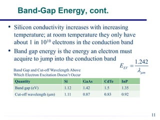 Band-Gap Energy, cont.
• Silicon conductivity increases with increasing
temperature; at room temperature they only have
about 1 in 1010 electrons in the conduction band
• Band gap energy is the energy an electron must
acquire to jump into the conduction band
11
Quantity Si GaAs CdTe InP
Band gap (eV) 1.12 1.42 1.5 1.35
Cut-off wavelength (μm) 1.11 0.87 0.83 0.92
Band Gap and Cut-off Wavelength Above
Which Electron Excitation Doesn’t Occur
1.242
EV
m
E



 