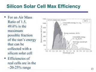 Silicon Solar Cell Max Efficiency
• For an Air Mass
Ratio of 1.5,
49.6% is the
maximum
possible fraction
of the sun’s energy
that can be
collected with a
silicon solar cell
• Efficiencies of
real cells are in the
~20-25% range 13
 