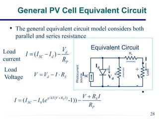 General PV Cell Equivalent Circuit
• The general equivalent circuit model considers both
parallel and series resistance
Photocurrent
source
R
P
Load
Rs
(minimize)
(maximize)
Equivalent Circuit
Id
I
ISC Vd
+
-
V
+
-
d S
V V I R
  
( ) d
SC d
P
V
I I I
R
  
 
/
0
( ( -1))
S
q kT V R I S
SC
P
V R I
I I I e
R
 
  
28
Load
current
Load
Voltage
 