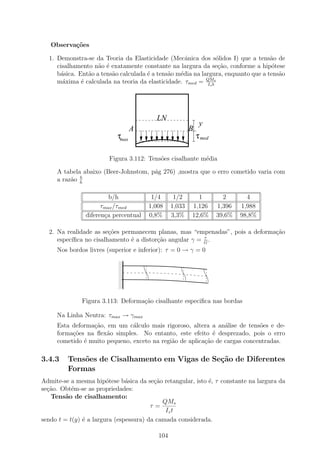 Observa¸˜es
          co

  1. Demonstra-se da Teoria da Elasticidade (Mecˆnica dos s´lidos I) que a tens˜o de
                                                    a            o                 a
     cisalhamento n˜o ´ exatamente constante na largura da se¸ao, conforme a hip´tese
                    a e                                           c˜                o
     b´sica. Ent˜o a tens˜o calculada ´ a tens˜o m´dia na largura, enquanto que a tens˜o
      a         a        a            e       a   e                                   a
     m´xima ´ calculada na teoria da elasticidade. τmed = QMs
       a      e                                             Iz b




                                         LN
                                                             y
                                  A                     B
                           τmax                             τ med

                        Figura 3.112: Tens˜es cisalhante m´dia
                                          o               e

     A tabela abaixo (Beer-Johnstom, p´g 276) ,mostra que o erro cometido varia com
                                      a
             b
     a raz˜o h
          a

                         b/h            1/4      1/2      1           2       4
                      τmax /τmed       1,008    1,033   1,126       1,396   1,988
                diferen¸a percentual
                       c               0,8%     3,3%    12,6%       39,6%   98,8%

  2. Na realidade as se¸oes permanecem planas, mas “empenadas”, pois a deforma¸˜o
                        c˜                                                    ca
                                                         τ
     espec´
          ıﬁca no cisalhamento ´ a distor¸˜o angular γ = G .
                               e         ca
     Nos bordos livres (superior e inferior): τ = 0 → γ = 0
                           11
                           00
                           11
                           00
                           11
                           00
                           11
                           00
                           11
                           00
                           11
                           00
                           11
                           00
                           11
                           00
                           11
                           00
              Figura 3.113: Deforma¸ao cisalhante especiﬁca nas bordas
                                   c˜

     Na Linha Neutra: τmax → γmax
     Esta deforma¸ao, em um c´lculo mais rigoroso, altera a an´lise de tens˜es e de-
                 c˜            a                                a           o
     forma¸oes na ﬂex˜o simples. No entanto, este efeito ´ desprezado, pois o erro
          c˜          a                                     e
     cometido ´ muito pequeno, exceto na regi˜o de aplica¸ao de cargas concentradas.
              e                              a           c˜

3.4.3    Tens˜es de Cisalhamento em Vigas de Se¸˜o de Diferentes
             o                                 ca
         Formas
Admite-se a mesma hip´tese b´sica da se¸˜o retangular, isto ´, τ constante na largura da
                        o      a         ca                 e
se¸˜o. Obt´m-se as propriedades:
  ca       e
   Tens˜o de cisalhamento:
         a
                                            QMs
                                        τ=
                                             Iz t
sendo t = t(y) ´ a largura (espessura) da camada considerada.
               e

                                          104
 
