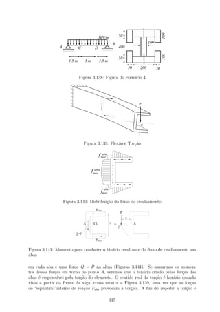 100
                                          3kN/m                50

                                                           B                              100
               A             C          D 000000
                                          111111
                                          111111
                                          000000
                                                               400
                   11111
                   00000                  111111
                                          000000
                   11111
                   00000




                                                                                                     100
                                                               50
                     1,5 m       3m         1,5 m
                                                                           50       200         50

                             Figura 3.138: Figura do exerc´ 4
                                                          ıcio




                                                                                    P




                                                                                    C




                                 Figura 3.139: Flex˜o e Tor¸ao
                                                   a       c˜

                                            f max
                                               aba




                                        alma
                                      f max


                                                 aba
                                               fmax

                   Figura 3.140: Distribui¸ao do ﬂuxo de cisalhamento
                                          c˜
                                         Faba
                                                                   P
                                                                       e
                                 A     CG              d   =                    A
                                                               O

                           Q=P
                                         Faba


Figura 3.141: Momento para combater o bin´rio resultante do ﬂuxo de cisalhamento nas
                                         a
abas

em cada aba e uma for¸a Q = P na alma (Figuras 3.141). Se somarmos os momen-
                        c
tos dessas for¸as em torno no ponto A, veremos que o bin´rio criado pelas for¸as das
              c                                           a                    c
abas ´ respons´vel pela tor¸ao do elemento. O sentido real da tor¸˜o ´ hor´rio quando
      e        a            c˜                                   ca e     a
visto a partir da frente da viga, como mostra a Figura 3.139, uma vez que as for¸asc
de “equil´
         ıbrio”interno de rea¸˜o Faba provocam a tor¸˜o. A ﬁm de impedir a tor¸ao ´
                              ca                    ca                           c˜ e

                                                       115
 