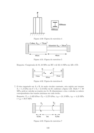P




                                                             400mm

                                                 400mm



                        Figura 4.30: Figura do exerc´
                                                    ıcios 4

              11
              00 Cobre, SCu = 75cm 2
              11
              00
              11
              00
              11
              00
                                     Aluminio SAl = 20cm 00
                                                        2
                                                          11
              11
              00                                          11
                                                          00
              11
              00                                          11
                                                          00
                                                          11
                                                          00
              11
              00
              11
              00         60cm                             40cm

                        Figura 4.31: Figura do exerc´
                                                    ıcios 5

  Resposta: Compress˜o de 81, 43 MPa em BC e de 62, 14 MPa em AB e CD.
                    a

                      1
                      0A          B                  C            1
                                                                  0
                      1
                      0                                          D0
                                                                  1
                      1
                      0                                           1
                                                                  0
                      1
                      0               P          P
                                                                  1
                                                                  0
                      1
                      0 15cm                                      1
                                                                  0
                      1
                      0                                   15cm    1
                                                                  0
                      1
                      0                   45cm                    1
                                                                  0
                        Figura 4.32: Figura do exerc´
                                                    ıcios 6

7. O eixo engastado em A e B, de se¸ao circular constante, esta sujeito aos torques
                                      c˜
   T1 = 1, 3 kNm em C e T2 = 2, 6 kNm em D, conforme a ﬁgura 4.33. Dado τ = 30
   MPa, pede-se calcular as rea¸oes em A e B, dimensionar o eixo e calcular os valores
                               c˜
   correspondentes das tens˜es m´ximas em cada trecho.
                           o      a
  Resposta: TA = 1, 625 kNm e TB = 2, 275 kNm, τAB = 21, 3 MPa, τBC = 4, 25 MPa
  e τAB = 29, 8 MPa


                      11
                      00
                      11
                      00
                                T1                   T2
                                                                 11
                                                                 00
                                                                 11
                                                                 00
                      11
                      00
                      11
                      00                                         11
                                                                 00
                                                                 11
                                                                 00
                      11
                      00                                         11
                                                                 00
                      11
                      00                                         11
                                                                 00
                           0,5m           1m              0,5m

                        Figura 4.33: Figura do exerc´
                                                    ıcios 7


                                          133
 