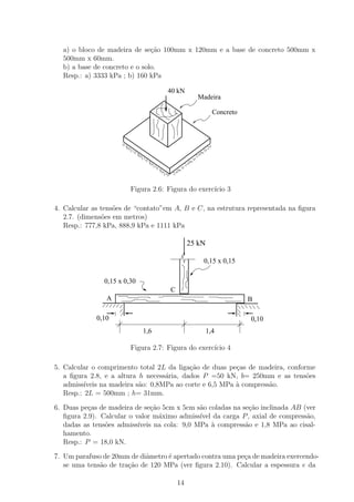a) o bloco de madeira de se¸˜o 100mm x 120mm e a base de concreto 500mm x
                               ca
  500mm x 60mm.
  b) a base de concreto e o solo.
  Resp.: a) 3333 kPa ; b) 160 kPa

                                   40 kN
                                               Madeira

                                                       Concreto




                        Figura 2.6: Figura do exerc´ 3
                                                   ıcio

4. Calcular as tens˜es de “contato”em A, B e C, na estrutura representada na ﬁgura
                   o
   2.7. (dimens˜es em metros)
               o
   Resp.: 777,8 kPa, 888,9 kPa e 1111 kPa

                                             25 kN

                                                 0,15 x 0,15

               0,15 x 0,30
                                    C
                A                                                 B

             0,10                                                 0,10
                             1,6                     1,4

                        Figura 2.7: Figura do exerc´ 4
                                                   ıcio

5. Calcular o comprimento total 2L da liga¸˜o de duas pe¸as de madeira, conforme
                                           ca             c
   a ﬁgura 2.8, e a altura h necess´ria, dados P =50 kN, b= 250mm e as tens˜es
                                    a                                         o
   admiss´ıveis na madeira s˜o: 0,8MPa ao corte e 6,5 MPa ` compress˜o.
                            a                             a         a
   Resp.: 2L = 500mm ; h= 31mm.

6. Duas pe¸as de madeira de se¸˜o 5cm x 5cm s˜o coladas na se¸˜o inclinada AB (ver
           c                    ca             a             ca
   ﬁgura 2.9). Calcular o valor m´ximo admiss´ da carga P , axial de compress˜o,
                                   a           ıvel                            a
   dadas as tens˜es admiss´
                o          ıveis na cola: 9,0 MPa ` compress˜o e 1,8 MPa ao cisal-
                                                    a       a
   hamento.
   Resp.: P = 18,0 kN.

7. Um parafuso de 20mm de diˆmetro ´ apertado contra uma pe¸a de madeira exercendo-
                            a      e                       c
   se uma tens˜o de tra¸˜o de 120 MPa (ver ﬁgura 2.10). Calcular a espessura e da
              a        ca

                                        14
 