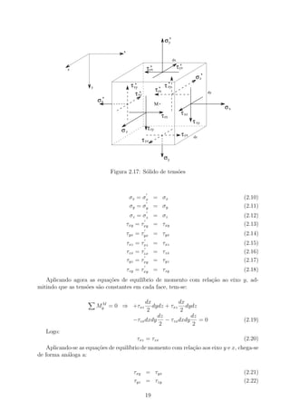 σy
                                                                 ’
                                   x

                                                                       dx

            z                                     τyx
                                                   ’                        τ yz
                                                                              ’
                                                                                       σ z’
                                        τ xy
                                          ’                     τ zy
                                                                  ’
                                                         τ zx
                     y
                                                           ’
                                           τ xz
                                             ’                                                dy

                         σx
                          ’
                                                         M
                                                                                                   σx
                                                             τ zx             τ xz
                                                                                      τ xy
                                  σz              τ zy
                                                                               τ yx   dz
                                              τ yz

                                                                σy

                              Figura 2.17: S´lido de tens˜es
                                            o            o



                                       σx = σx = σx                                                     (2.10)
                                       σy = σy = σy                                                     (2.11)
                                        σz = σz = σz                                                    (2.12)
                                       τxy = τxy = τxy                                                  (2.13)
                                       τyx = τyx = τyx                                                  (2.14)
                                       τxz = τxz = τxz                                                  (2.15)
                                       τzx = τzx = τzx                                                  (2.16)
                                       τyz = τxy = τyz                                                  (2.17)
                                       τzy = τxy = τzy                                                  (2.18)
   Aplicando agora as equa¸˜es de equil´
                            co           ıbrio de momento com rela¸˜o ao eixo y, ad-
                                                                  ca
mitindo que as tens˜es s˜o constantes em cada face, tem-se:
                   o    a

                          M                   dx           dx
                         My = 0 ⇒ +τxz           dydz + τxz dydz
                                               2            2
                                                   dz         dz
                                         −τzx dxdy − τzx dxdy    =0                                     (2.19)
                                                    2          2
   Logo:
                                            τxz = τzx                                                   (2.20)
    Aplicando-se as equa¸oes de equil´
                        c˜           ıbrio de momento com rela¸ao aos eixo y e x, chega-se
                                                              c˜
de forma an´loga a:
            a

                                         τxy = τyx                                                      (2.21)
                                         τyz = τzy                                                      (2.22)

                                                  19
 