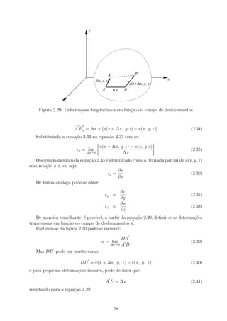 y




                                               A’               B’
                                     d(x, y, z)                                x
                                                             d(x+ ∆ x, y, z)
                                          A         ∆x   B

                z

    Figura 2.29: Deforma¸oes longitudinais em fun¸˜o do campo de deslocamentos
                        c˜                       ca


                      −−
                      −→
                      A Bx = ∆x + [u(x + ∆x, y z) − u(x, y z)]                     (2.34)
   Substituindo a equa¸˜o 2.34 na equa¸ao 2.33 tem-se:
                      ca              c˜

                                       u(x + ∆x, y z) − u(x, y z)
                         x   = lim                                                 (2.35)
                              ∆x→0                ∆x
   O segundo membro da equa¸ao 2.35 ´ identiﬁcado como a derivada parcial de u(x, y, z)
                             c˜     e
com rela¸˜o a x, ou seja:
        ca
                                           ∂u
                                      x =                                       (2.36)
                                           ∂x
   De forma an´loga pode-se obter:
               a
                                                      ∂v
                                              y     =                              (2.37)
                                                      ∂y
                                                      ∂w
                                              z     =                              (2.38)
                                                      ∂z
   De maneira semelhante, ´ poss´
                           e    ıvel, a partir da equa¸˜o 2.29, deﬁnir-se as deforma¸˜es
                                                      ca                            co
transversais em fun¸ao do campo de deslocamentos d.
                   c˜
   Partindo-se da ﬁgura 2.30 pode-se escrever:

                                                       DB
                                         α = lim                                   (2.39)
                                                  ∆x→0 A D

   Mas DB pode ser escrito como:

                         DB = v(x + ∆x, y, z) − v(x, y, z)                         (2.40)
e para pequenas deforma¸˜es lineares, pode-de dizer que:
                       co

                                              A D = ∆x                             (2.41)
resultando para a equa¸˜o 2.39:
                      ca



                                                    28
 