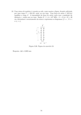 24. Uma estaca de madeira ´ cravada no solo, como mostra a ﬁgura, ﬁcando solicitada
                            e
    por uma carga F = 450 kN, axial, no seu topo. Uma for¸a de atrito f (kN/m)
                                                               c
    equil´
         ıbra a carga F . A intensidade da for¸a de atrito varia com o quadrado da
                                              c
    distˆncia z, sendo zero no topo. Dados E = 1, 4 × 104 MPa , L = 9 m e D = 30
        a
    cm, determinar o encurtamento da estaca e representar os diagramas (f × z , N × z
    e σz × z).

                                                    F

                                              1111111111
                                              0000000000
                                              1111111111
                                              0000000000
                                              1111111111
                                              0000000000


                                                        f

                                  z
                                      L
                                          f




                                                            D



                        Figura 3.26: Figura do exerc´ 24
                                                    ıcio

 Resposta: ∆L=-3,069 mm




                                              54
 