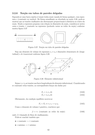 3.2.6    Tor¸˜o em tubos de paredes delgadas
            ca
Supondo-se uma barra sujeita ` tor¸ao tenha se¸˜o vazada de forma qualquer, com espes-
                               a    c˜         ca
sura e (constante ou vari´vel. De forma semalhante ao abordado na se¸ao 3.28, pode-se
                         a                                              c˜
mostrar que as tens˜es cisalhantes s˜o diretamante proporcionais ` distˆncia ao centro da
                   o                a                            a     a
se¸˜o. Sendo a espessura pequena com rela¸ao `s dimens˜es da se¸˜o, considera-se nestes
  ca                                        c˜ a        o        ca
casos a tens˜o τ constante na espessura (podendo variar ao redor da se¸˜o) conforme
            a                                                              ca
mostra ﬁgura 3.37

   T                                 T
                                                                                                       τ


               T




                           Figura 3.37: Tor¸ao em tubo de paredes delgadas
                                           c˜

   Seja um elemento de volume de espessura e1 e e2 e dimens˜es elementares dx (longi-
                                                           o
tudinal) e ds transversal conforme ﬁgura 3.38
                                                                           a                  b
                                                                                   F1             e1

                                                                      F4                F3
                       a       b
                   d       c                        d                          c             ds
              T                            T
                                                        A
                                               e2                     F2

                                                                 dx
                           dx

                                     Figura 3.38: Elemento inﬁnitezimal

    Sejam τ1 e τ2 as tens˜es nas faces longitudinais do elemento inﬁnitesimal. Considerando-
                         o
se constante estas tens˜es, as correspndentes for¸as s˜o dadas por:
                         o                          c    a


                                               F1 = τ1 e1 dx                                               (3.63)
                                               F2 = τ2 e2 dx                                               (3.64)

   Obviamente, da condi¸ao equil´
                       c˜       ıbrio escreve-se

                                          F1 = F2 ⇒ τ1 e1 = τ2 e2                                          (3.65)
   Como o elemento de volume ´ gen´rico, conclui-se que:
                             e    e

                                   f = τ e (constante ao redor da secao)
                                                                    ,˜                                     (3.66)
onde f ´ chamado de ﬂuxo de cisalhamento.
       e
   Pode-se concluir tamb´m que:
                        e

   • e constante → τ constante

   • e m´ximo → τ m´
        a          ınimo

                                                            62
 