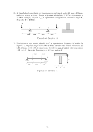 10. A viga abaixo ´ constitu´ por duas pe¸as de madeira de se¸˜o 300 mm x 100 mm,
                  e         ıda          c                   ca
    conforme mostra a ﬁgura. Dadas as tens˜es admiss´
                                            o         ıveis 12 MPa ` compress˜o e
                                                                    a          a
    18 MPa ` tra¸˜o, calcular Padm e representar o diagrama de tens˜es da se¸ao E.
            a    ca                                                 o       c˜
    Resposta: P = 102 kN.

          P                                                             P
         C            A                 E                   B                D




                60cm           60cm             60cm            60cm


                                       Figura 3.56: Exerc´ 10
                                                         ıcio

11. Dimensionar a viga abaixo ` ﬂex˜o (a=?) e representar o diagrama de tens˜es da
                                a    a                                        o
    se¸ao C. A viga tem se¸˜o constante de ferro fundido com tens˜es admiss´
      c˜                     ca                                   o          ıvel 35
    MPa ` tra¸˜o e 140 MPa ` compress˜o. Escolher a mais favor´vel entre as posi¸oes
         a     ca             a         a                     a                 c˜
    1 (T ) e ( L ) da se¸˜o. Resposta: a = 4,2 cm, posi¸ao 2
                        ca                             c˜
                               30 kN            30 kN                  111111111111111
                                                                       000000000000000
                                                                       111111111111111
                                                                       000000000000000    a
                                                                       111111111111111
                                                                       000000000000000
                A                                       B              111111111111111
                                                                       000000000000000
                                                                       111111111111111
                                                                       000000000000000
                                                                       111111111111111
                                                                       000000000000000
                                                                       111111111111111
                                                                       000000000000000
              1111
              0000
              1111
              0000
              1111
              0000
                           C                D
                                                    1111
                                                    0000
                                                    1111
                                                    0000
                                                                       111111111111111
                                                                       000000000000000
                                                                       111111111111111
                                                                       000000000000000
                                                                                          7a
                                                    1111
                                                    0000
                                                                       111111111111111
                                                                       000000000000000
                                                                       111111111111111
                                                                       000000000000000
                                                                       111111111111111
                                                                       000000000000000
                    2,2m         2,2m            2,2m
                                                                        2a       a   2a


                                       Figura 3.57: Exerc´ 11
                                                         ıcio




                                                        75
 