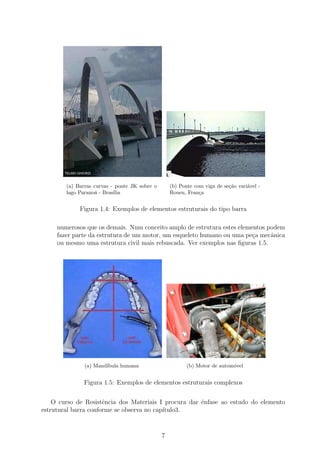 (a) Barras curvas - ponte JK sobre o       (b) Ponte com viga de se¸˜o vari´vel -
                                                                           ca      a
        lago Parano´ - Bras´
                   a       ılia                    Rouen, Fran¸a
                                                               c


             Figura 1.4: Exemplos de elementos estruturais do tipo barra

     numerosos que os demais. Num conceito amplo de estrutura estes elementos podem
     fazer parte da estrutura de um motor, um esqueleto humano ou uma pe¸a mecˆnica
                                                                         c     a
     ou mesmo uma estrutura civil mais rebuscada. Ver exemplos nas ﬁguras 1.5.




               (a) Mand´
                       ıbula humana                       (b) Motor de autom´vel
                                                                            o


               Figura 1.5: Exemplos de elementos estruturais complexos


    O curso de Resistˆncia dos Materiais I procura dar ˆnfase ao estudo do elemento
                      e                                e
estrutural barra conforme se observa no cap´
                                           ıtulo3.



                                               7
 