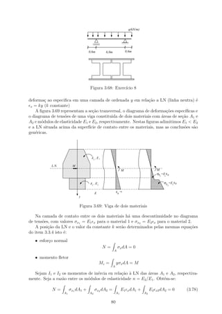 q(kN/m)


                                                                 11111
                                                                 00000
                                                                 11111
                                                                 00000
                                       1111
                                       0000                      11111
                                                                 00000
                                       1111
                                       0000
                                       1111
                                       0000


                                     0,6m        6,0m                0,6m

                                     11111111111111111111111111
                                     00000000000000000000000000
                                     11111111111111111111111111
                                     00000000000000000000000000




                                     11111111111111111111111111
                                     00000000000000000000000000
                                     11111111111111111111111111
                                     00000000000000000000000000



                                      Figura 3.68: Exerc´ 8
                                                        ıcio

deforma¸ ao especiﬁca em uma camada de ordenada y em rela¸ao a LN (linha neutra) ´
         c                                                      c˜                       e
 x = ky (k constante)
    A ﬁgura 3.69 representam a se¸ao transversal, o diagrama de deforma¸oes espec´
                                  c˜                                     c˜        ıﬁcas e
o diagrama de tens˜es de uma viga constituida de dois materiais com ´reas de se¸˜o A1 e
                   o                                                   a         ca
A2 e m´dulos de elasticidade E1 e E2 , respectivamente. Nestas ﬁguras adimitimos E1 < E2
       o
e a LN situada acima da superf´ de contato entre os materiais, mas as conclus˜es s˜o
                                ıcie                                              o    a
gen´ricas.
    e


                   1111111111111111
                   0000000000000000
                   1111111111111111
                   0000000000000000
                                                      111
                                                      000
                                                      111
                                                      000
                                                      111
                                                      000
                                                                                  111
                                                                                  000
                                                                                  111
                                                                                  000
                                                                                  111
                                                                                  000
                                                      111
                                                      000                         111
                                                                                  000
                   1111111111111111
                   0000000000000000                   111
                                                      000
                                                      111
                                                      000                         111
                                                                                  000
                                                                                  111
                                                                                  000
                   1111111111111111
                   0000000000000000
                   1111111111111111
                   0000000000000000 A , E
                                                      111
                                                      000
                                                      111
                                                      000
                                                      111
                                                      000
                                                                                  111
                                                                                  000
                                                                                  111
                                                                                  000
                                                                                  111
                                                                                  000
                                                      111
                                                      000                         111
                                                                                  000
                   1111111111111111
                   0000000000000000 1 1
                   1111111111111111
                   0000000000000000
                                                      111
                                                      000
                                                      111
                                                      000
                                                      111
                                                      000
                                                      111
                                                      000
                                                                                  111
                                                                                  000
                                                                                  111
                                                                                  000
                                                                                  111
                                                                                  000
                                                                                  111
                                                                                  000
                   1111111111111111
                   0000000000000000
                   1111111111111111
                   0000000000000000
                                                      111
                                                      000
                                                      111
                                                      000
                                                      111
                                                      000
                                                      111
                                                      000
                                                                                  111
                                                                                  000
                                                                                  111
                                                                                  000
                                                                                  111
                                                                                  000
                                                                                  111
                                                                                  000
            L.N.   1111111111111111
                   0000000000000000
                         M
                   1111111111111111
                   0000000000000000
                                                      111
                                                      000
                                                      111
                                                      000
                                                      111
                                                      000
                                                      111
                                                      000
                                                                                  111
                                                                                  000
                                                                                  111
                                                                                  000
                                                                                  111
                                                                                  000
                   1111111111111111
                   0000000000000000                   111111
                                                      000000                         11111111
                                                                                     00000000
                   1111111111111111
                   0000000000000000
                   1111111111111111
                   0000000000000000
                                                         111
                                                         000
                                                         111
                                                         000
                                                         111
                                                         000
                                                         111
                                                         000
                                                                 M                   11111111
                                                                                     00000000
                                                                                           M
                                                                                     11111111
                                                                                     00000000
                                                                                     11111111
                                                                                     00000000
                                                                                     11111111
                                                                                     00000000
                   1111111111111111
                   0000000000000000                      111
                                                         000
                                                         111
                                                         000                               σx =E ε x
                                                                                     11111111
                                                                                     00000000
                                                                                     11111111
                                                                                     00000000
                   1111111111111111
                   0000000000000000                      111
                                                         000
                                                         111
                                                         000                         11111111
                                                                                     00000000
                                                                                     11111111
                                                                                     00000000
                   1111111111111111
                   0000000000000000
                       1111111111
                       0000000000
                       1111111111
                       0000000000
                       1111111111
                       0000000000
                                                         111
                                                         000
                                                         111
                                                         000
                                                         111
                                                         000
                                                         111
                                                         000
                                                                                     000000001
                                                                                     11111111
                                                                                          1
                                                                                     11111111
                                                                                     00000000
                                                                                     11111111
                                                                                     00000000
                                                                                     11111111
                                                                                     00000000
                        1111111111
                        0000000000                       111
                                                         000
                                                         111
                                                         000                         11111111
                                                                                     00000000
                                                                                     11111111
                                                                                     00000000
                        1111111111
                        0000000000
                                                                                                σx =E2 εx
                        1111111111
                        0000000000                       111
                                                         000
                                                         111
                                                         000                         11111111
                                                                                     00000000
                                                                                     11111111
                                                                                     00000000
                        1111111111
                        0000000000                       111
                                                         000                         11111111
                                                                                     00000000
                        1111111111
                        0000000000
                        1111111111
                        0000000000
                        1111111111
                        0000000000
                                     A2 , E2             111
                                                         000
                                                         111
                                                         000                         11111111
                                                                                     00000000
                                                                                     11111111
                                                                                     00000000     2
                        1111111111
                        0000000000                       111
                                                         000                         11111111
                                                                                     00000000
                        1111111111
                        0000000000                       111
                                                         000
                                                         111
                                                         000                         11111111
                                                                                     00000000
                                                                                     11111111
                                                                                     00000000
                        1111111111
                        0000000000
                        1111111111
                        0000000000                       111
                                                         000                         11111111
                                                                                     00000000
                        1111111111
                        0000000000                       111
                                                         000                         11111111
                                                                                     00000000

                                          E                 εx =ky
                             y


                             Figura 3.69: Viga de dois materiais

   Na camada de contato entre os dois materiais h´ uma descontinuidade no diagrama
                                                   a
de tens˜es, com valores σx1 = E1 x para o material 1 e σx2 = E2 x para o material 2.
       o
   A posi¸ao da LN e o valor da constante k ser˜o determinados pelas mesmas equa¸˜es
          c˜                                   a                                   co
do item 3.3.4 isto ´:
                   e
   • esfor¸o normal
          c
                                                N=           σx dA = 0
                                                        A

   • momento ﬂetor
                                               Mz =         yσx dA = M
                                                        A

  Sejam I1 e I2 os momentos de in´rcia en rela¸ao ` LN das ´reas A1 e A2 , respectiva-
                                   e            c˜ a          a
mente. Seja a raz˜o entre os m´dulos de eslasticidade n = E2 /E1 . Obt´m-se:
                 a            o                                       e

            N=          σx1 dA1 +         σx2 dA2 =              E1 x dA1 +           E2   x2 dA2   =0      (3.78)
                   A1                A2                     A1                   A2


                                                      80
 
