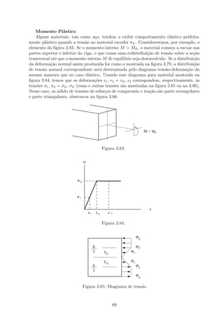 Momento Pl´stico a
   Alguns materiais, tais como a¸o, tendem a exibir comportamento el´stico perfeita-
                                    c                                      a
mente pl´stico quando a tens˜o no material exceder σE . Considereremos, por exemplo, o
         a                      a
elemento da ﬁgura 3.83. Se o momento interno M > ME , o material come¸a a escoar nas
                                                                            c
partes superior e inferior da viga, o que causa uma redistribui¸˜o de tens˜o sobre a se¸ao
                                                               ca         a            c˜
transversal at´ que o momento interno M de equilibrio seja desenvolvido. Se a distribui¸ao
                e                                                                      c˜
da deforma¸˜o normal assim produzida for como a mostrada na ﬁgura 3.79, a distribui¸ao
             ca                                                                        c˜
de tens˜o normal correspondente ser´ determinada pelo diagrama tens˜o-deforma¸ao da
       a                               a                                a           c˜
mesma maneira que no caso el´stico. Usando esse diagrama para material mostrado na
                                  a
ﬁgura 3.84, temos que as deforma¸˜es 1 , 2 = E , 2 correspondem, respectivamente, `s
                                    co                                                  a
tens˜es σ1 , σ2 = σE , σE (essas e outras tens˜es s˜o mostradas na ﬁgura 3.85 ou na 3.86).
    o                                         o    a
Nesse caso, os s´lido de tens˜es de esfor¸os de compress˜o e tra¸ao s˜o parte retangulares
                  o           o           c              a      c˜ a
e parte triangulares, observa-se na ﬁgura 3.86:




                                                                         M > ME



                                                Figura 3.83:

                              σ




                         σE



                         σ1


                                                                           ε
                                  ε1       εE         ε   2


                                                Figura 3.84:


                                                                    σE

                                       h                            σ2
                                       2         yE            σ1

                                                 yE            σ1
                                       h                            σ2
                                       2
                                                                    σE

                              Figura 3.85: Diagrama de tens˜o
                                                           a



                                                          89
 