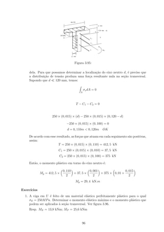 100 mm

                                                                      15 mm


                                                                      ( 120 mm − d)
                                                                  A

                             250 MPa
                                 N                                      d
                                                            C2


                                                             C1



                                                            T                 MP



                                          15 mm



                                             Figura 3.95:

    dela. Para que possamos determinar a localiza¸ao do eixo neutro d, ´ preciso que
                                                 c˜                    e
    a distribui¸ao de tens˜o produza uma for¸a resultante nula na se¸˜o transversal.
               c˜         a                 c                       ca
    Supondo que d      120 mm, temos:

                                                        σx dA = 0
                                                    A




                                                  T − C1 − C2 = 0


                     250 × (0, 015) × (d) − 250 × (0, 015) × (0, 120 − d)

                                       −250 × (0, 015) × (0, 100) = 0
                                       d = 0, 110m < 0, 120m                  OK

    De acordo com esse resultado, as for¸as que atuam em cada seguimento s˜o positivas,
                                        c                                 a
    assim:
                        T = 250 × (0, 015) × (0, 110) = 412, 5 kN
                         C1 = 250 × (0, 015) × (0, 010) = 37, 5 kN
                          C2 = 250 × (0, 015) × (0, 100) = 375 kN

    Ent˜o, o momento pl´stico em torno do eixo neutro ´:
       a               a                              e

                                0, 110           0, 001                 0, 015
             Mp = 412, 5 ×             + 37, 5 ×        + 375 × 0, 01 +
                                   2                2                      2
                                              Mp = 29, 4 kN.m

Exerc´
     ıcios
  1. A viga em U ´ feito de um material el´stico perfeitamente pl´stico para o qual
                   e                         a                   a
     σE = 250M P a. Determinar o momento el´stico m´ximo e o momento pl´stico que
                                               a      a                   a
     podem ser aplicados ` se¸ao transversal. Ver ﬁgura 3.96.
                         a c˜
    Resp. ME = 13,8 kNm; MP = 25,6 kNm



                                                     96
 