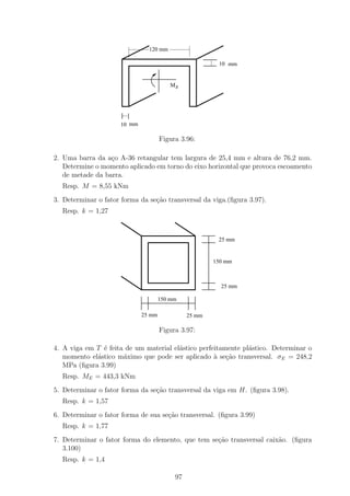 120 mm

                                                         10 mm


                                          Mz




                      10 mm

                                      Figura 3.96:

2. Uma barra da a¸o A-36 retangular tem largura de 25,4 mm e altura de 76,2 mm.
                  c
   Determine o momento aplicado em torno do eixo horizontal que provoca escoamento
   de metade da barra.
  Resp. M = 8,55 kNm
3. Determinar o fator forma da se¸ao transversal da viga.(ﬁgura 3.97).
                                 c˜
  Resp. k = 1,27



                                                         25 mm


                                                        150 mm



                                                          25 mm

                                      150 mm

                              25 mm             25 mm

                                      Figura 3.97:

4. A viga em T ´ feita de um material el´stico perfeitamente pl´stico. Determinar o
               e                        a                      a
   momento el´stico m´ximo que pode ser aplicado ` se¸ao transversal. σE = 248,2
             a        a                             a c˜
   MPa (ﬁgura 3.99)
  Resp. ME = 443,3 kNm
5. Determinar o fator forma da se¸ao transversal da viga em H. (ﬁgura 3.98).
                                 c˜
  Resp. k = 1,57
6. Determinar o fator forma de sua se¸ao transversal. (ﬁgura 3.99)
                                     c˜
  Resp. k = 1,77
7. Determinar o fator forma do elemento, que tem se¸˜o transversal caix˜o. (ﬁgura
                                                   ca                  a
   3.100)
  Resp. k = 1,4

                                           97
 