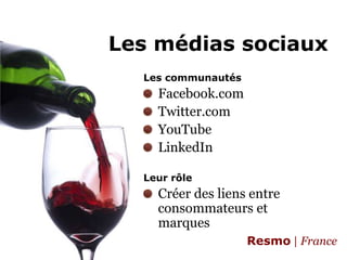 Les médias sociauxLes communautésFacebook.comTwitter.comYouTubeLinkedInLeur rôleCréer des liens entre consommateurs et marques
