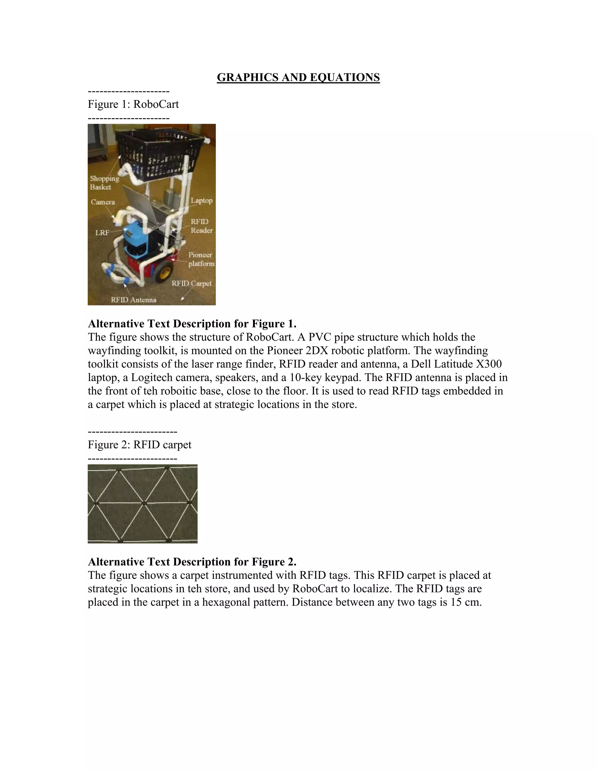 GRAPHICS AND EQUATIONS
---------------------
Figure 1: RoboCart
---------------------




Alternative Text Description for Figure 1.
The figure shows the structure of RoboCart. A PVC pipe structure which holds the
wayfinding toolkit, is mounted on the Pioneer 2DX robotic platform. The wayfinding
toolkit consists of the laser range finder, RFID reader and antenna, a Dell Latitude X300
laptop, a Logitech camera, speakers, and a 10-key keypad. The RFID antenna is placed in
the front of teh roboitic base, close to the floor. It is used to read RFID tags embedded in
a carpet which is placed at strategic locations in the store.

-----------------------
Figure 2: RFID carpet
-----------------------




Alternative Text Description for Figure 2.
The figure shows a carpet instrumented with RFID tags. This RFID carpet is placed at
strategic locations in teh store, and used by RoboCart to localize. The RFID tags are
placed in the carpet in a hexagonal pattern. Distance between any two tags is 15 cm.
 
