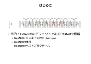 はじめに	
•  ⽬的：ConvNetのデファクトであるResNetを理解
–  ResNetに⾄るまでの歴史Overview
–  ResNetの亜種
–  ResNetのベストプラクティス
 