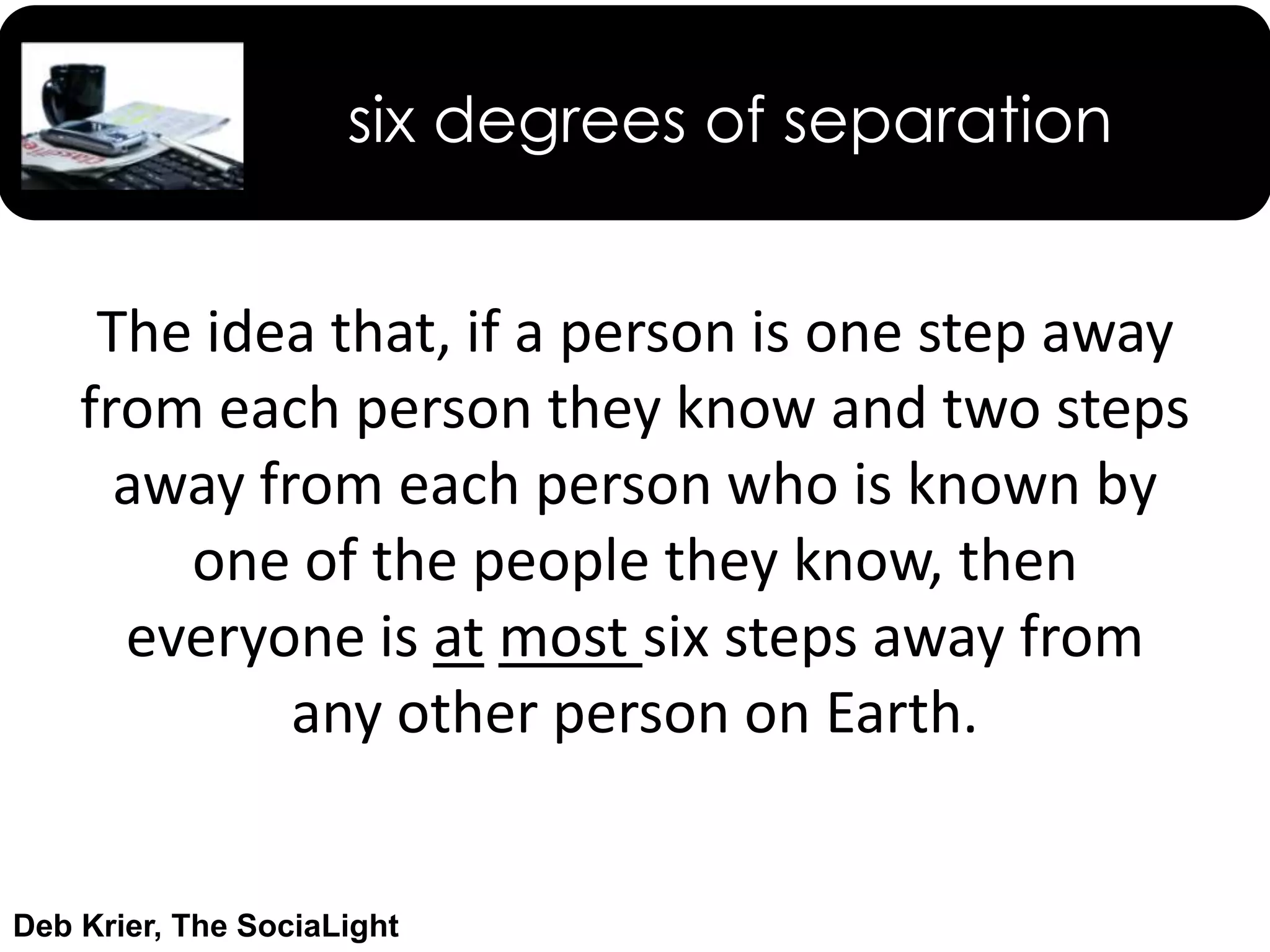 six degrees of separationThe idea that, if a person is one step away from each person they know and two steps away from each person who is known by one of the people they know, then everyone is atmost six steps away from any other person on Earth.