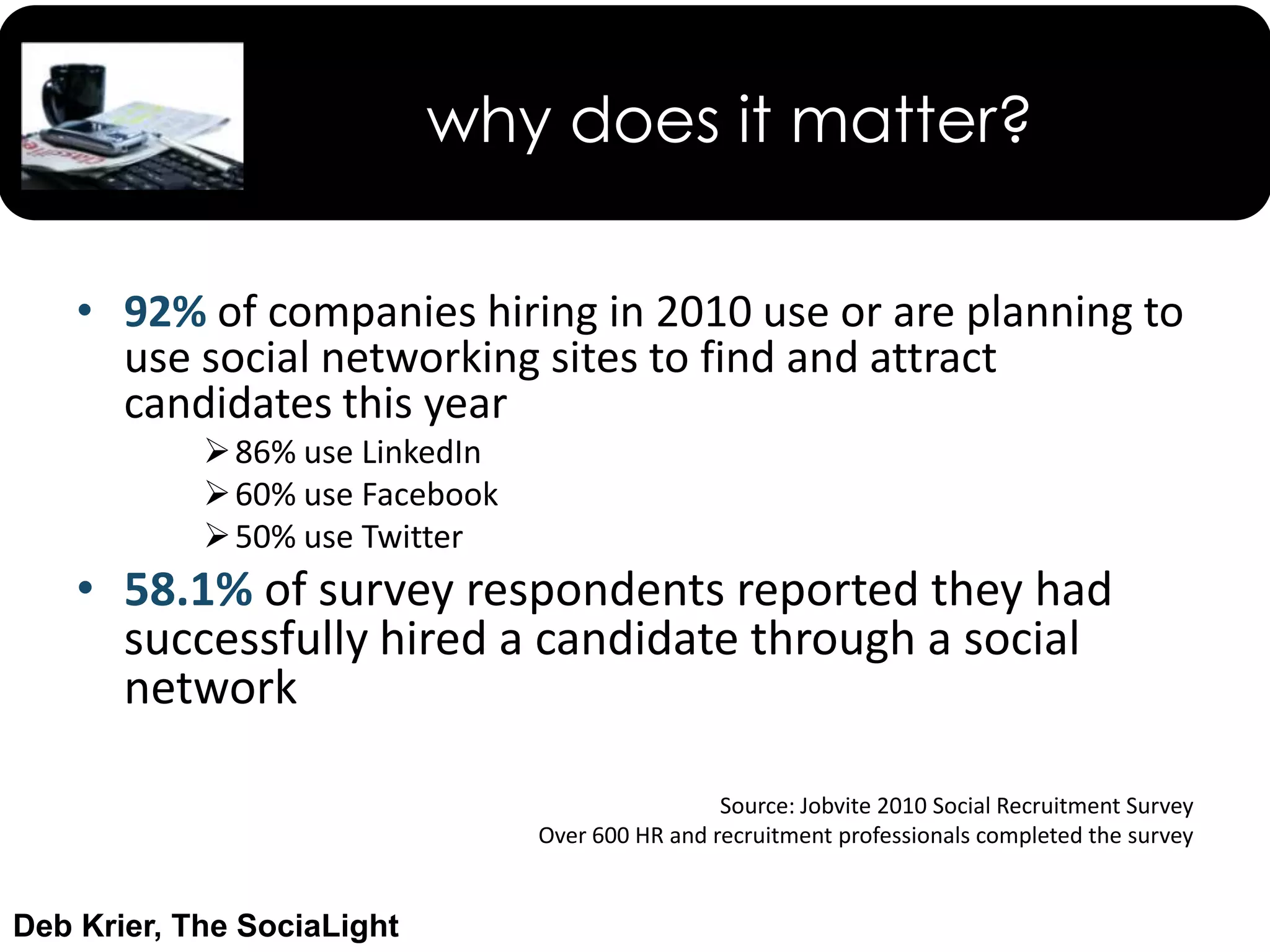 why does it matter?92% of companies hiring in 2010 use or are planning to use social networking sites to find and attract candidates this year86% use LinkedIn