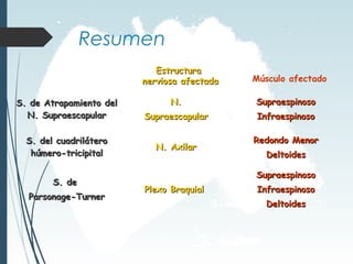 Resumen
S. de Atrapamiento del
S. de Atrapamiento del
N. Supraescapular
N. Supraescapular
N.
N.
Supraescapular
Supraescapular
Supraespinoso
Supraespinoso
Infraespinoso
Infraespinoso
S. del cuadrilátero
S. del cuadrilátero
húmero-tricipital
húmero-tricipital
N. Axilar
N. Axilar
Redondo Menor
Redondo Menor
Deltoides
Deltoides
S. de
S. de
Parsonage-Turner
Parsonage-Turner
Plexo Braquial
Plexo Braquial
Supraespinoso
Supraespinoso
Infraespinoso
Infraespinoso
Deltoides
Deltoides
Estructura
Estructura
nerviosa afectada
nerviosa afectada Músculo afectado
Estructura
Estructura
nerviosa afectada
nerviosa afectada
 