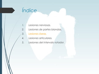 Índice
1. Lesiones nerviosas.
2. Lesiones de partes blandas.
3. Lesiones óseas.
4. Lesiones articulares.
5. Lesiones del intervalo rotador.
 