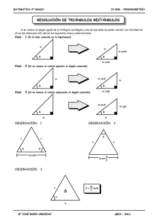 MATEMÁTICA 4º GRADO

IV BIM – TRIGONOMETRÍA

RESOLUCIÓN DE TRIÁNGULOS RECTÁNGULOS
RESOLUCIÓN DE TRIÁNGULOS RECTÁNGULOS
Si se conoce un ángulo agudo de un triángulo rectángulo y uno de sus lados se puede calcular con facilidad los
otros dos lados para ello aplican las siguientes casos y observaciones:

Caso

1 (Si el lado conocido es la hipotenusa)
m

m

m senθ

θ

θ

m cosθ

Caso

2 (Si se conoce el cateto opuesto al ángulo conocido)

m cscθ

m

θ

Caso

m

θ
m ctgθ

3 (Si se conoce el cateto adyacente al ángulo conocido)

m secθ

θ

θ
m

m

OBSERVACIÓN

1

a

m tgθ

OBSERVACIÓN

θ

a
a
θ

2

a

θ
2acosθ

OBSERVACIÓN

2a sen

θ
2

3

a

S

S=

ab
senθ
2

θ
b

IE “JOSÉ MARÍA ARGUEDAS”

QRCA - GALA

 