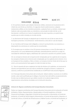6. En la primera citación, para adoptar decisiones válidas, sesionará con la presencia de la
mitad más uno (1) de sus miembros. En segunda citación podrá sesionar y adoptar
resoluciones válidas con los miembros presentes, cualquiera fuere su número, siempre que
hubieren sido convocados todos sus miembros y comunicado el orden del día. La /el
Secretario/a certificará en el acta el cumplimiento de estos requisitos y no podrá tratar
asuntos que no estén incluidos en el orden del día.
7. Las decisiones del Consejo se adoptarán por la mitad más uno (1) de los votos de los
Consejeros presentes. El /la Director/a tendrá derecho a voto solo en caso de empate.
8. Los miembros del Consejo están obligados a concurrir puntualmente a sus sesiones y a
desempeñar las comisiones en comite que les encomienden.
9. El consejero que no asistiere a tres (3) sesiones consecutivas o a cinco (5) alternadas, sin
aviso previo o sin causa debidamente justificada, automáticamente cesará en su cargo sin
necesidad de notificación alguna, debiéndose dar cuenta de la vacante en la próxima sesión.
10. Los consejeros titulares de la mayoría serán remplazados por los suplentes de la mayoría;
los consejeros titulares de la minoría serán remplazados por los suplentes de la minoría. Si no
se incorpora la lista completa, y falta un titular, se incorpora el primer titular de la lista que no
entró, y así sucesivamente hasta agotar el orden de todas las listas.
11. Para el supuesto de que se agotaran las listas de titulares y/o suplentes, se convocará al
claustro correspondiente para que elija la cantidad de consejeros titulares y suplentes en
vacancia, conforme al procedimiento establecido en el CAPÍTULO II del presente Régimen.
12. El Consejo Educativo Comunitario de la institución deberá celebrar reuniones en el edificio
escolar, salvo razón justificada que lo obligue a funcionar fuera del edificio excepcionalmente.
En este caso se deberá procurar que celebre reunión en la sede de alguna de las
organizaciones comunitarias vinculadas con la institución educativa.
Artículo 24. Órganos constitutivos del Consejo Educativo Comunitario
Podran ser órganos constitutivos del Consejo Educativo Comunitario de la institución el Comité
de Madres, Padres, Representantes y Responsables; el Comité Académico; el Comité
Prevención de Riesgos y Seguridad; el Comité de Comunicación e Información; el Comité de
Ambiente, el Comité de Salud Integral y Alimentación; el Comité de Recreación y Deportes; el
Comité de Cultura; el Comité de Infraestructura y Hábitat Escolar; el Comité de Estudiantes; el
 