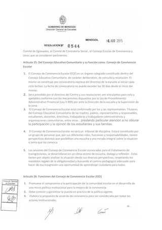 Comité de Egresados, el Comité de Contraloría Social , el Consejo Escolar de Convivencia y
otros que se consideren pertinentes.
Articulo 25. Del Consejo Educativo Comunitario y su función como Consejo de Convivencia
Escolar
1. El Consejo de Convivencia Escolar (CCE) es un órgano colegiado constituido dentro del
Consejo Educativo Comunitario, de carácter deliberativo, de consulta y resolución. El
mismo se constituye por convocatoria expresa del directivo de la escuela al iniciar cada
ciclo lectivo. La fecha de convocatoria no puede exceder los 30 días desde el inicio del
mismo.
2. Sera presidido por el directivo del Centro y sus resoluciones son vinculantes para esta y
apelables conforme con los mecanismos dispuestos por la Ley de Procedimiento
Administrativo Provincial (Ley 3.909) por ante la Dirección de la escuela y la Supervisión de
la zona.
3. El Consejo de Convivencia Escolar está conformado por los y las representantes Titulares
del Consejo Educativo Comunitario de las madres, padres, representantes y responsables,
estudiantes, docentes, directivos, trabajadoras y trabajadores administrativos y
organizaciones comunitarias, entre otros , prestando particular atención a no obturar
la participación y la opinión de los estudiantes y sus familias.
4. El Consejo de Convivencia Escolar no será un tribunal de disciplina. Estará constituido por
un grupo de personas que, por sus diferentes roles, funciones y responsabilidades, tienen
perspectivas distintas que posibilitan una escucha y una mirada integral sobre la situacion
o tema que los convoca.
5. Las sesiones del Consejo de Convivencia Escolar convocadas para el tratamiento de
transgresiones, se desarrollaran en un clima sereno de escucha, dialogo y reflexión . Estas
tienen por objeto analizar la situación desde sus diversas perspectivas, respetando los
mandatos legales de la obligatoriedad y buscando el camino pedagógico adecuado para
hacer de esa trasgresión una oportunidad de aprendizaje ciudadano para todos.
Articulo 26. Funciones del Consejo de Convivencia Escolar (CCE)
1. Promueve el compromiso y la participación de la comunidad escolar en el desarrollo de
una micro política institucional para la mejora de la convivencia.
2. Debe conocer y garantizar la puesta en práctica de la política vigente.
3. Elabora Ia propuesta de acuerdo de convivencia para ser considerada por todos los
actores institucionales.
 
