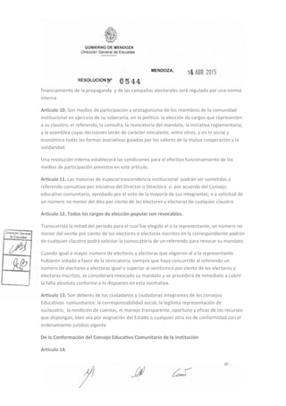 financiamiento de la propaganda y de las campañas electorales será regulado por una norma
interna
Artículo 10. Son medios de participación y protagonismo de los miembros de la comunidad
institucional en ejercicio de su soberanía, en lo político: la elección de cargos que representen
a su claustro, el referendo, la consulta, la revocatoria del mandato, la iniciativa reglamentaria,
y la asamblea cuyas decisiones serán de carácter vinculante, entre otros; y en lo social y
económico todas las formas asociativas guiadas por los valores de la mutua cooperación y la
solidaridad.
Una resolución interna establecerá las condiciones para el efectivo funcionamiento de los
medios de participación previstos en este artículo.
Artículo 11. Las materias de especial trascendencia institucional podrán ser sometidas a
referendo consultivo por iniciativa del Director o Directora o por acuerdo del Consejo
educativo comunitario, aprobado por el voto de la mayoría de sus integrantes; o a solicitud de
un número no menor del diez por ciento de los electores y electoras de cualquier claustro
Artículo 12. Todos los cargos de elección popular son revocables.
Transcurrida la mitad del período para el cual fue elegido el o la representante, un número no
menor del veinte por ciento de los electores o electoras inscritos en la correspondiente padrón
de cualquier claustro podrá solicitar la convocatoria de un referendo para revocar su mandato.
Cuando igual o mayor número de electores y electoras que eligieron al o la representante
hubieren votado a favor de la revocatoria, siempre que haya concurrido al referendo un
número de electores y electoras igual o superior al veinticinco por ciento de los electores y
electoras inscritos, se considerará revocado su mandato y se procederá de inmediato a cubrir
la falta absoluta conforme a lo dispuesto en esta normativa.
Articulo 13. Son deberes de los ciudadanos y ciudadanas integrantes de los consejos
Educativos comunitarios: la corresponsabilidad social, la legítima representación de
suclaustro; la rendición de cuentas, el manejo transparente, oportuno y eficaz de los recursos
que dispongan, bien sea por asignación del Estado o cualquier otra vía de conformidad con el
ordenamiento jurídico vigente
De la Conformación del Consejo Educativo Comunitario de la institución
Artículo 14.
 