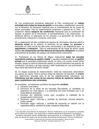 “2009 – Año de homenaje a Raúl Scalabrini Ortíz ”




Consejo Federal de Educación




29. Las jurisdicciones educativas elaborarán el Plan Jurisdiccional en trabajo
articulado entre todas las áreas de gestión involucradas y establecerán convenios
con el Ministerio de Educación Nacional para el financiamiento de las líneas de
acción priorizadas. Para la implementación progresiva y gradual de su Plan, la
jurisdicción deberá asegurar las condiciones necesarias para la constitución de
equipos, la gestión de la información, el acompañamiento a las instituciones, la
asistencia técnica, la asignación de los recursos y la generación de normas de
procedimiento, evaluación y monitoreo, entre otros.

30. La elaboración del plan jurisdiccional requiere de información relevante sobre la
situación actual de su sistema, la definición de las metas, las acciones a
desarrollar en cada uno de los ejes antes mencionados y los dispositivos para su
seguimiento y evaluación. Para el ordenamiento de las líneas de acción, podrá
adoptar los componentes del Plan Nacional de Educación Obligatoria vinculados
a las políticas de igualdad, de calidad y de fortalecimiento institucional.

31. Participarán en los Planes de Mejora Institucional todas las escuelas
secundarias públicas de gestión estatal5 y aquellos establecimientos de gestión
privada que la autoridad jurisdiccional solicite, en tanto y en cuanto: emitan títulos
oficiales, tengan la máxima subvención estatal, su servicio educativo sea gratuito, de
contribución voluntaria o de bajo arancel y estén localizados en una zona donde no
haya oferta equivalente del sector estatal6.

32. En etapas sucesivas de implementación, todas las instituciones desarrollarán
sus planes de mejora. Para la primera etapa de selección de escuelas, el criterio
que determinará prioridad será el de los establecimientos educativos con
indicadores que dan cuenta de los mayores índices de repitencia, salidos sin
pase y poblaciones más vulnerables.

En simultáneo, es importante considerar las siguientes variables:
   a. Contexto rural-urbano.
   b. Estructura de la oferta de las Escuelas Secundarias: a) completas, b)
      solamente con Ciclo Básico, o c) solamente con Ciclo Orientado (con y sin
      Ciclos Básicos anexados).
   c. Escuelas con diferentes turnos para considerar la viabilidad de la
      reorganización institucional.
   d. Dimensión según matrícula y cantidad de secciones: escuela pequeña,
      media, grande.
   e. Dimensión según matrícula y cantidad de secciones en relación con la
      capacidad edilicia: cantidad de aulas y espacios disponibles.

5
  Las escuelas secundarias de Educación Técnico Profesional ya se encuentran incluidas
en los planes de mejora que desarrolla el Instituto Nacional de Educación Tecnológica.
6
  Similares requisitos fueron establecidos oportunamente en la Resolución Nº 49/08 CFE
para los planes de mejora de las escuelas secundarias de Educación Técnico Profesional.
            Institucionalidad y fortalecimiento de la educación secundaria obligatoria. Planes de mejora.
                               Resolución CFE 88/09 – Aprobación Definitiva 27/11/09

                                                                                                                   10
 