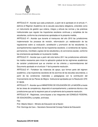 “2009 – Año de homenaje a Raúl Scalabrini Ortíz ”




Consejo Federal de Educación




  ARTÍCULO 3º.- Acordar que cada jurisdicción, a partir de lo aprobado en el artículo 1º,
  definirá el Régimen Académico de la escuela secundaria obligatoria, entendido como
  un instrumento de gestión que ordena, integra y articula las normas y las prácticas
  institucionales que regulan las trayectorias escolares continuas y completas de los
  estudiantes, conforme las orientaciones aprobadas en la presente medida.
  ARTÍCULO 4º.- Acordar que durante el transcurso del año 2010 las jurisdicciones
  implementarán los procesos de revisión, reformulación y/o reelaboración de las
  regulaciones sobre a) evaluación, acreditación y promoción de los estudiantes. b)
  acompañamientos específicos de las trayectorias escolares. c) condiciones de ingreso,
  permanencia, movilidad y egreso de los estudiantes y d) convivencia escolar, conforme
  las orientaciones aprobadas en la presente medida.
  ARTÍCULO 5º.- Acordar que a partir del ciclo lectivo 2011 las jurisdicciones arbitrarán
  los medios necesarios para iniciar la aplicación gradual de los regímenes académicos
  de carácter jurisdiccional que se orienten en los criterios y recomendaciones del
  Documento aprobado en el artículo 1º de la presente resolución.
  ARTÍCULO 6º.- Fortalecer las instancias de apoyo, que forman parte del régimen
  académico, a las trayectorias escolares de los alumnos de las escuelas secundarias, a
  partir de las condiciones materiales y pedagógicas con la contribución del
  financiamiento de los Planes de Mejora Institucional aprobados por la Resolución CFE
  N° 88/09.
  ARTÍCULO 7º.- Acordar que el MINISTERIO DE EDUCACIÓN DE LA NACIÓN a través
  de las áreas de competencia, dispondrá el acompañamiento y asistencia técnica a las
  jurisdicciones que así lo requieran para el cumplimiento de la presente resolución.
  ARTÍCULO 8º.- Regístrese, comuníquese a los integrantes del CONSEJO FEDERAL
  DE EDUCACIÓN y cumplido, archívese.
  Fdo:
  Prof. Alberto Sileoni – Ministro de Educación de la Nación
  Prof. Domingo de Cara – Secretario General del Consejo Federal de Educación




  Resolución CFE Nº 93/09
 