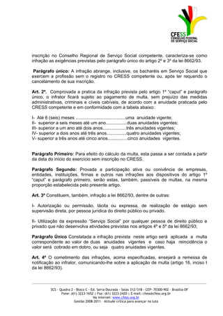 inscrição no Conselho Regional de Serviço Social competente, caracteriza-se como
infração as exigências previstas pelo parágrafo único do artigo 2º e 3º da lei 8662/93.

 Parágrafo único: A infração abrange, inclusive, os bacharéis em Serviço Social que
exercem a profissão sem o registro no CRESS competente ou, após ter requerido o
cancelamento de sua inscrição.

Art. 2º. Comprovada a pratica da infração prevista pelo artigo 1º “caput” e parágrafo
único, o infrator ficará sujeito ao pagamento de multa, sem prejuízo das medidas
administrativas, criminais e cíveis cabíveis, de acordo com a anuidade praticada pelo
CRESS competente e em conformidade com a tabela abaixo:

I- Até 6 (seis) meses ........................................uma anuidade vigente;
II- superior a seis meses até um ano.................duas anuidades vigentes;
III- superior a um ano até dois anos...................três anuidades vigentes;
IV- superior a dois anos até três anos................quatro anuidades vigentes;
V- superior a três anos até cinco anos................cinco anuidades vigentes.


Parágrafo Primeiro: Para efeito do cálculo da multa, esta passa a ser contada a partir
da data do início do exercício sem inscrição no CRESS.

Parágrafo Segundo: Provada a participação ativa ou conivência de empresas,
entidades, instituições, firmas e outros nas infrações aos dispositivos do artigo 1º
“caput” e parágrafo primeiro, serão estas, também, passíveis de multas, na mesma
proporção estabelecida pelo presente artigo.

Art. 3º Constituem, também, infração a lei 8662/93, dentre de outras:

I- Autorização ou permissão, tácita ou expressa, de realização de estágio sem
supervisão direta, por pessoa jurídica do direito público ou privado.

II- Utilização da expressão “Serviço Social” por qualquer pessoa de direito público e
privado que não desenvolva atividades previstas nos artigos 4º e 5º da lei 8662/93;

Parágrafo Único Constatada a infração prevista neste artigo será aplicada a multa
correspondente ao valor de duas anuidades vigentes e caso haja reincidência o
valor será cobrado em dobro, ou seja quatro anuidades vigentes.

Art. 4º O cometimento das infrações, acima especificadas, ensejará a remessa de
notificação ao infrator, comunicando-lhe sobre a aplicação de multa (artigo 16, inciso I
da lei 8662/93).


_____________________________________________________________________________________________

          SCS - Quadra 2 - Bloco C - Ed. Serra Dourada - Salas 312/318 - CEP- 70300-902 – Brasília-DF
                 Fone: (61) 3223-1652 | Fax: (61) 3223-2420 | E-mail: cfess@cfess.org.br
                                      Na internet: www.cfess.org.br
                         Gestão 2008-2011 – Atitude crítica para avançar na luta
 