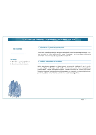 Página: 3
GLOSSÁRIO DOS MACRODESAFIOS DO PODER JUDICIÁRIO 2015-2020
Sociedade
1. Efetividade na prestação jurisdicional
2. Garantia dos direitos de cidadania
SOCIEDADE
Trata-se de indicador sintético de resultado, denominado Índice de Efetividade da Justiça - IEJus,
que permitirá ao Poder Judiciário aferir a sua efetividade a partir dos dados relativos às
dimensões: Acesso à Justiça, Duração do Processo e Custo.
1. Efetividade na prestação jurisdicional
2. Garantia dos direitos de cidadania
Refere-se ao desafio de garantir no plano concreto os direitos da cidadania (CF, art. 1º, inc. II),
em sua múltipla manifestação social: cidadão-administrado (usuário dos serviços públicos),
cidadão-eleitor, cidadão trabalhador-produtor, cidadão-consumidor e cidadão-contribuinte,
buscando-se atenuar as desigualdades sociais e garantir os direitos de minorias, observando-se,
para tanto, práticas socioambientais sustentáveis e uso de tecnologia limpa.
 