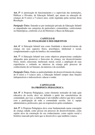 Art. 5º A autorização de funcionamento e a supervisão das instituições,
Públicas e Privadas, de Educação Infantil, que atuam na educação de
crianças de 0 (zero) a 5 (cinco) anos, serão reguladas pelas normas desta
Resolução.

Parágrafo Único. Entende-se por instituição privada de Educação Infantil
as enquadradas nas categorias de particulares, comunitárias, confessionais
ou filantrópicas, conforme a Lei de Diretrizes e Bases da Educação.


                        CAPITULO II
               DA FINALIDADE E DOS OBJETIVOS

Art. 6º A Educação Infantil tem como finalidade o desenvolvimento da
criança em seus aspectos físico, psicológico, intelectual e social,
complementando a ação da família e da comunidade.

Art. 7º A Educação Infantil tem como objetivos proporcionar condições
adequadas para promover o bem-estar da criança, seu desenvolvimento
físico, motor, emocional, intelectual, moral, social, a ampliação de suas
experiências e estímulo ao interesse da criança pelo processo do
conhecimento do ser humano, da natureza e da sociedade.

Parágrafo Único. Dadas as particularidades do desenvolvimento da criança
de 0 (zero) a 5 (cinco) anos, a Educação Infantil cumpre duas funções
indispensáveis e indissociáveis: educar e cuidar.


                         CAPITULO III
                   DA PROPOSTA PEDAGÓGICA

Art. 8º A Proposta Pedagógica, como elemento norteador de toda ação
educativa da escola, deve ser definida a partir das características da
comunidade, por isso, a elaboração é um trabalho coletivo que deve contar
com a participação de toda a comunidade escolar, isto é, equipe
administrativa, professores, pais ou responsáveis pelos estudantes.

Art. 9º A Proposta Pedagógica deve estar fundamentada numa concepção
de criança cidadã, como pessoa em processo de desenvolvimento, como
sujeito ativo da construção do seu conhecimento, como sujeito social e
histórico marcado pelo meio que se desenvolve e que também o marca.
 
