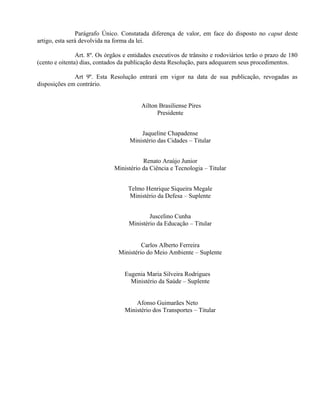 Parágrafo Único. Constatada diferença de valor, em face do disposto no caput deste
artigo, esta será devolvida na forma da lei.
Art. 8º. Os órgãos e entidades executivos de trânsito e rodoviários terão o prazo de 180
(cento e oitenta) dias, contados da publicação desta Resolução, para adequarem seus procedimentos.
Art 9º. Esta Resolução entrará em vigor na data de sua publicação, revogadas as
disposições em contrário.
Ailton Brasiliense Pires
Presidente
Jaqueline Chapadense
Ministério das Cidades – Titular
Renato Araújo Junior
Ministério da Ciência e Tecnologia – Titular
Telmo Henrique Siqueira Megale
Ministério da Defesa – Suplente
Juscelino Cunha
Ministério da Educação – Titular
Carlos Alberto Ferreira
Ministério do Meio Ambiente – Suplente
Eugenia Maria Silveira Rodrigues
Ministério da Saúde – Suplente
Afonso Guimarães Neto
Ministério dos Transportes – Titular
 