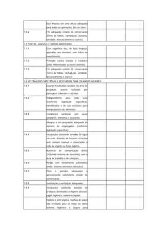fácil limpeza até uma altura adequada
                  para todas as operações. De cor clara.
1.6.2             Em adequado estado de conservação
                  (livres de falhas, rachaduras, buracos,
                  umidade, descascamento e outros).
1.7 PORTAS, JANELAS E OUTRAS ABERTURAS:
1.7.1             Com superfície lisa, de fácil limpeza,
                  ajustadas aos batentes, sem falhas de
                  revestimento.
1.7.2             Proteção contra insetos e roedores
                  (telas milimetradas ou outro sistema).
1.7.3             Em adequado estado de conservação
                  (livres de falhas, rachaduras, umidade,
                  descascamento e outros).
1.8 INSTALAÇÕES SANITÁRIAS E VESTIÁRIOS PARA OS MANIPULADORES:
1.8.1             Quando localizados isolados da área de
                  produção,          acesso        realizado     por
                  passagens cobertas e calçadas.
1.8.2             Independentes           para       cada       sexo
                  (conforme           legislação       específica),
                  identificados e de uso exclusivo para
                  manipuladores de alimentos.
1.8.3             Instalações         sanitárias      com      vasos
                  sanitários; mictórios e lavatórios
                  íntegros e em proporção adequada ao
                  número        de    empregados        (conforme
                  legislação específica).
1.8.4             Instalações sanitárias servidas de água
                  corrente, dotadas de torneira acionada
                  sem contato manual e conectadas à
                  rede de esgoto ou fossa séptica.
1.8.5             Ausência       de      comunicação           direta
                  (incluindo sistema de exaustão) com a
                  área de trabalho e de refeições.
1.8.6             Portas com fechamento automático
                  (mola, sistema eletrônico ou outro).
1.8.7             Pisos     e        paredes       adequadas       e
                  apresentando satisfatório estado de
                  conservação.
1.8.8             Iluminação e ventilação adequadas.
1.8.9             Instalações         sanitárias     dotadas      de
                  produtos destinados à higiene pessoal:
                  papel higiênico, sabonete líquido
                  inodoro e anti-séptico, toalhas de papel
                  não reciclado para as mãos ou outro
                  sistema       higiênico      e    seguro      para
 